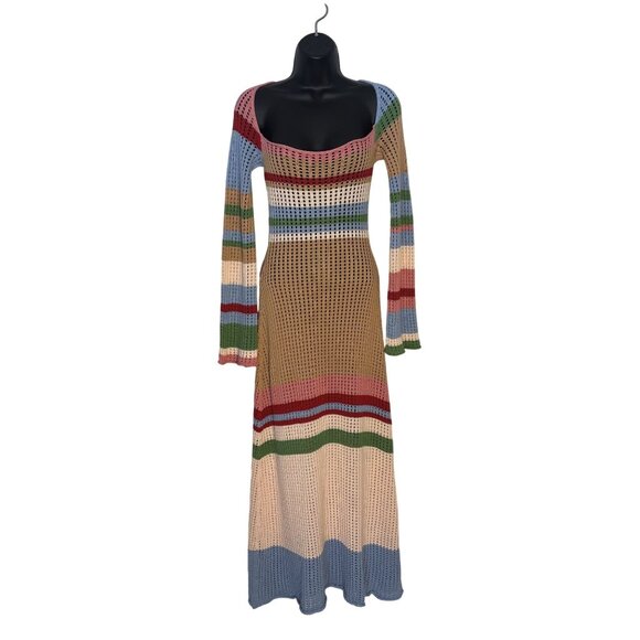 Vintage-Inspired VRG GRL Multicolor Crochet Knit Maxi Dress Long Sleeves Size 8 - Picture 2 of 15